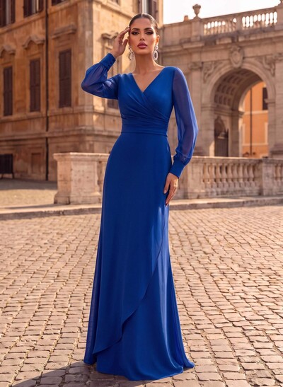 Sheath/Column V-Neck Long Sleeves Sweep Train Chiffon/Elastic Satin Evening Dresses