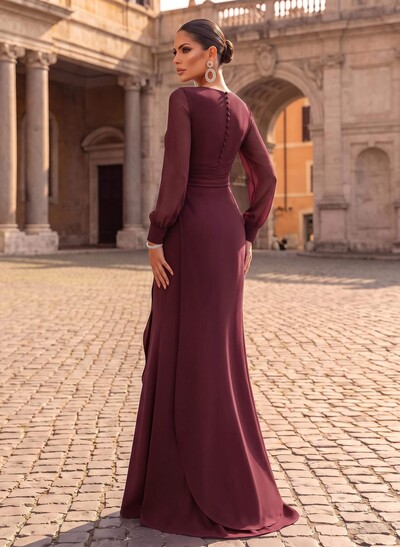Sheath/Column V-Neck Long Sleeves Sweep Train Chiffon/Elastic Satin Evening Dresses
