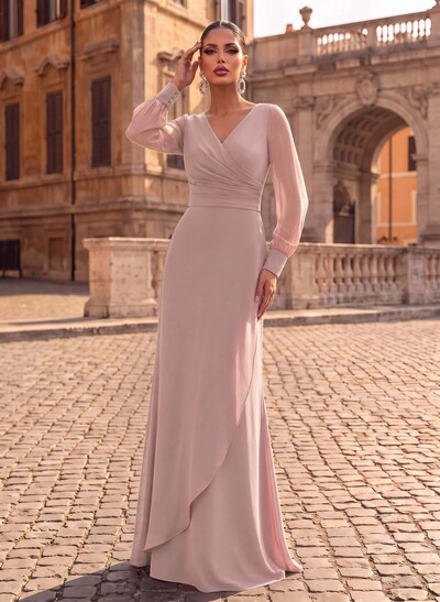 Sheath/Column V-Neck Long Sleeves Sweep Train Chiffon/Elastic Satin Evening Dresses