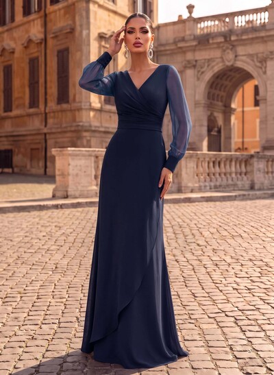Sheath/Column V-Neck Long Sleeves Sweep Train Chiffon/Elastic Satin Evening Dresses