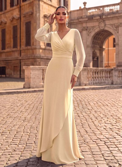 Sheath/Column V-Neck Long Sleeves Sweep Train Chiffon/Elastic Satin Evening Dresses