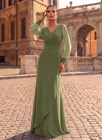 Sheath/Column V-Neck Long Sleeves Sweep Train Chiffon/Elastic Satin Evening Dresses