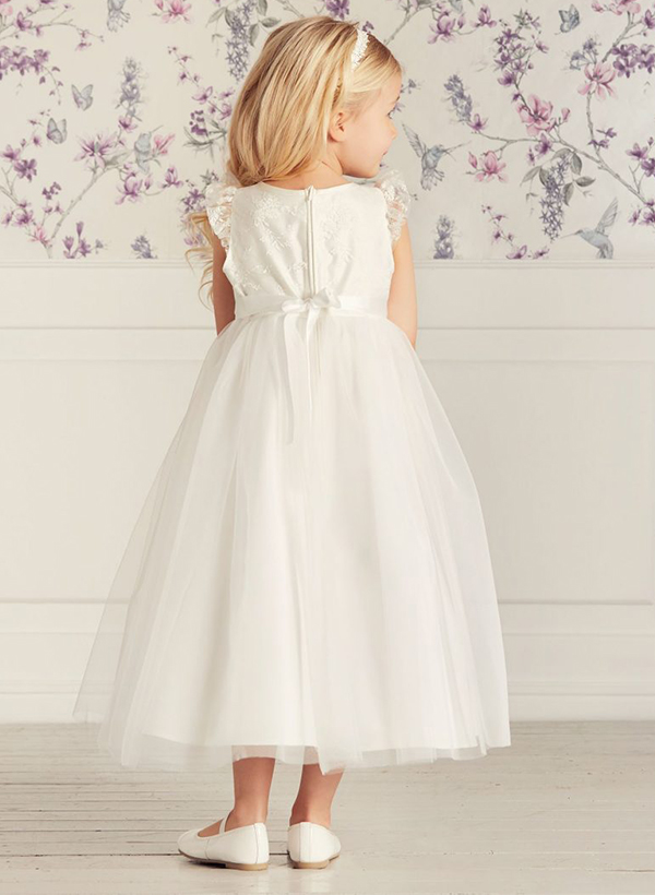 A-Line Scoop Neck Sleeveless Tea-Length Lace/Tulle Flower Girl Dresses