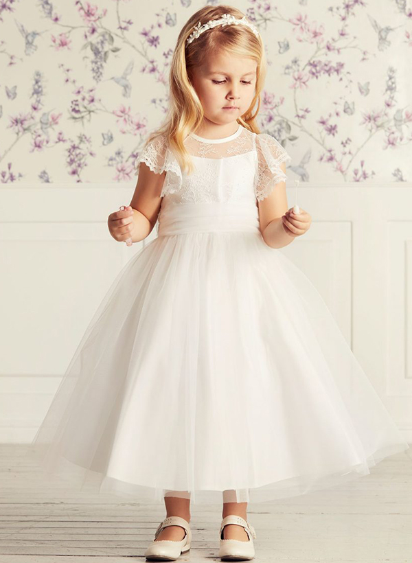 Ball-Gown Illusion Neck Sleeveless Tea-Length Lace/Tulle Flower Girl Dresses