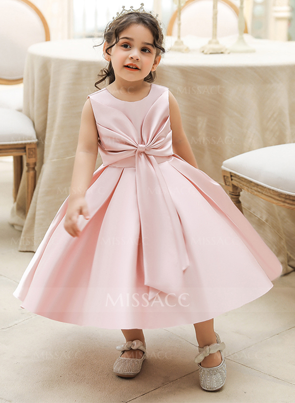 A-Line Scoop Neck Sleeveless Satin Flower Girl Dresses With Bow(s)
