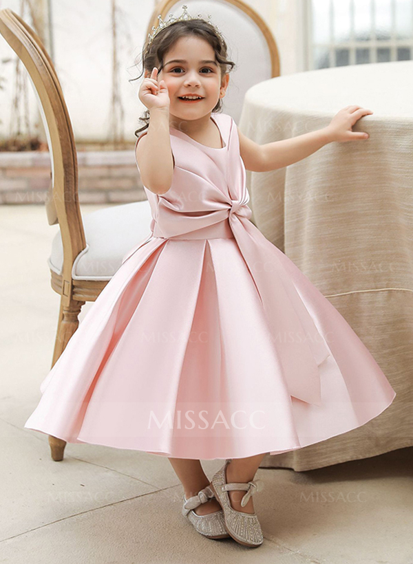 A-Line Scoop Neck Sleeveless Satin Flower Girl Dresses With Bow(s)