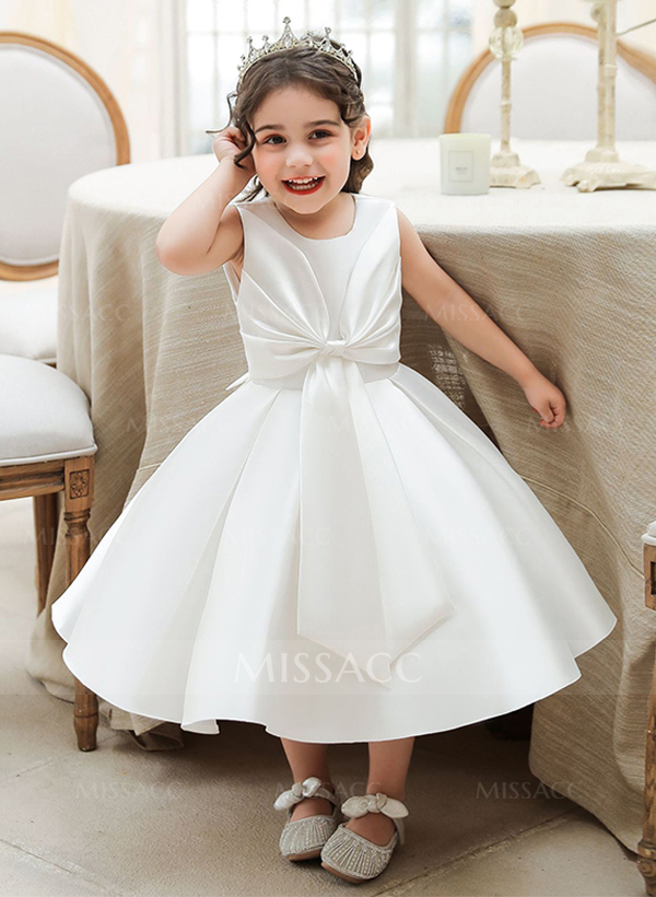 A-Line Scoop Neck Sleeveless Satin Flower Girl Dresses With Bow(s)