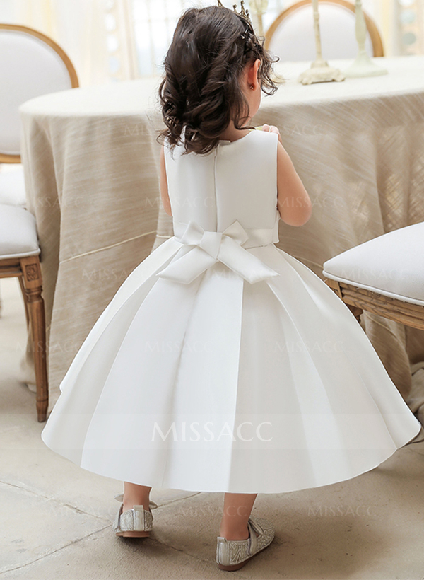 A-Line Scoop Neck Sleeveless Satin Flower Girl Dresses With Bow(s)