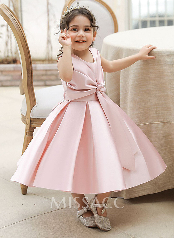 A-Line Scoop Neck Sleeveless Satin Flower Girl Dresses With Bow(s)