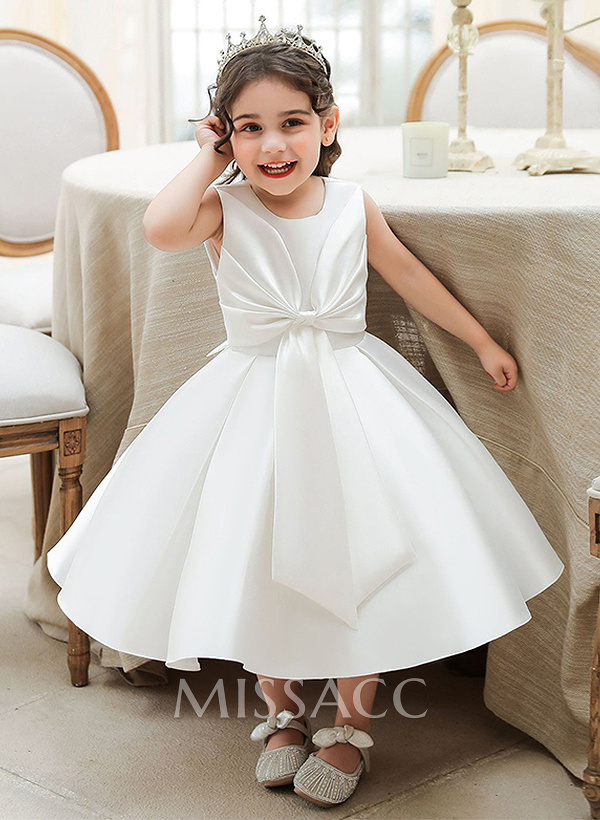 A-Line Scoop Neck Sleeveless Satin Flower Girl Dresses With Bow(s)