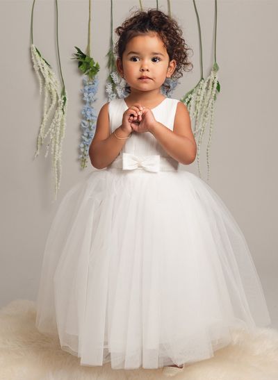 A-Line Scoop Neck Sleeveless Floor-Length Tulle Flower Girl Dresses