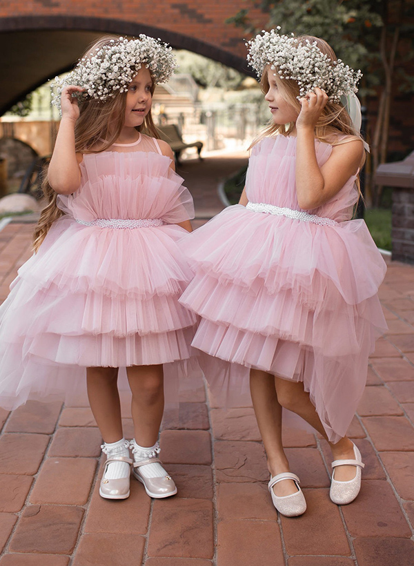 Ball-Gown Illusion Neck Sleeveless Tulle Flower Girl Dresses With Beading