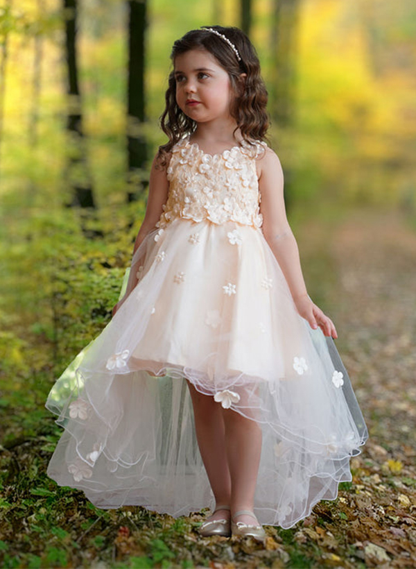 A-Line Scoop Neck Tulle Flower Girl Dresses With Bow(s)/Appliques Lace
