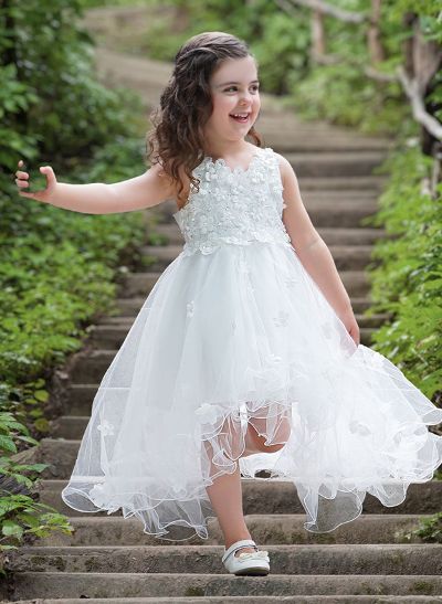A-Line Scoop Neck Tulle Flower Girl Dresses With Bow(s)/Appliques Lace