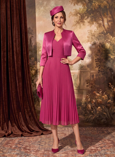 A-Line V-Neck Sleeveless Tea-Length Chiffon Mother Of The Bride Dresses