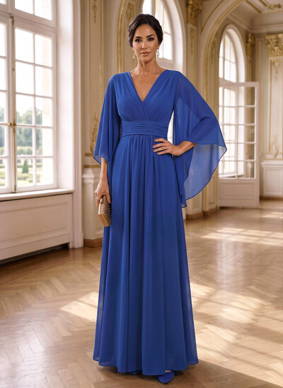 A-Line V-Neck 3/4 Sleeves Floor-Length Chiffon Mother Of The Bride Dresses