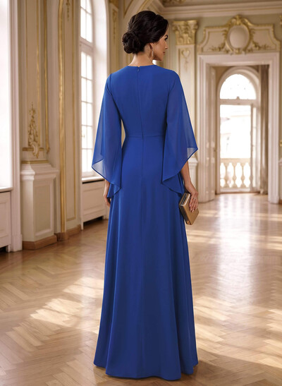A-Line V-Neck 3/4 Sleeves Floor-Length Chiffon Mother Of The Bride Dresses