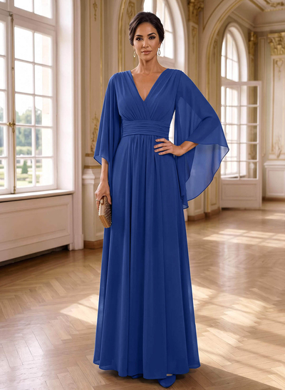 A-Line V-Neck 3/4 Sleeves Floor-Length Chiffon Mother Of The Bride Dresses