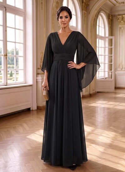 A-Line V-Neck 3/4 Sleeves Floor-Length Chiffon Mother Of The Bride Dresses