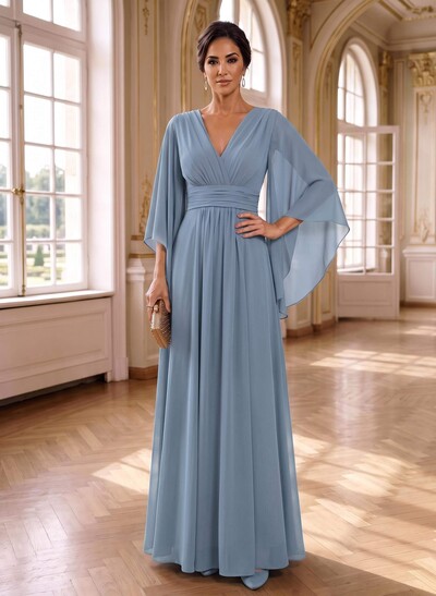 A-Line V-Neck 3/4 Sleeves Floor-Length Chiffon Mother Of The Bride Dresses