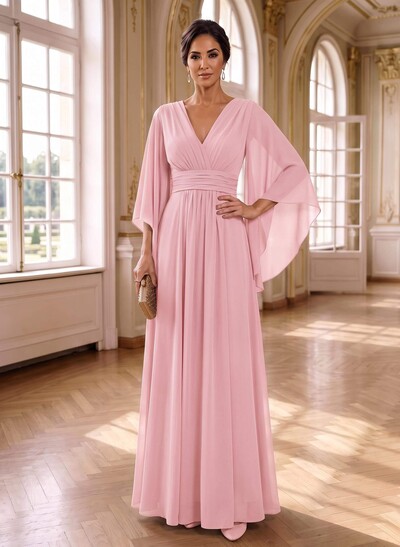 A-Line V-Neck 3/4 Sleeves Floor-Length Chiffon Mother Of The Bride Dresses