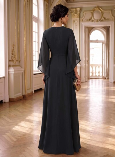 A-Line V-Neck 3/4 Sleeves Floor-Length Chiffon Mother Of The Bride Dresses