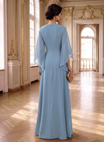 A-Line V-Neck 3/4 Sleeves Floor-Length Chiffon Mother Of The Bride Dresses