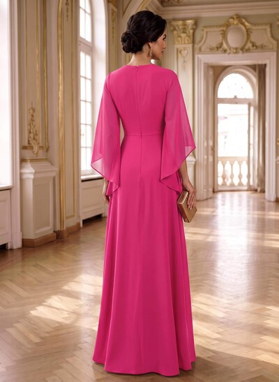 A-Line V-Neck 3/4 Sleeves Floor-Length Chiffon Mother Of The Bride Dresses