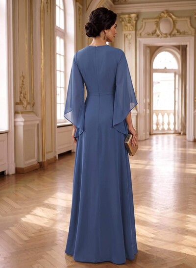 A-Line V-Neck 3/4 Sleeves Floor-Length Chiffon Mother Of The Bride Dresses