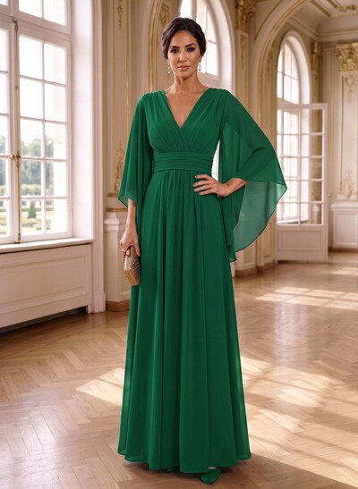 A-Line V-Neck 3/4 Sleeves Floor-Length Chiffon Mother Of The Bride Dresses
