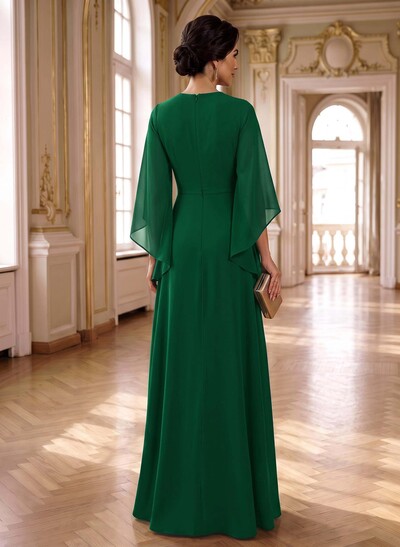 A-Line V-Neck 3/4 Sleeves Floor-Length Chiffon Mother Of The Bride Dresses