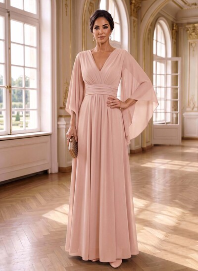 A-Line V-Neck 3/4 Sleeves Floor-Length Chiffon Mother Of The Bride Dresses