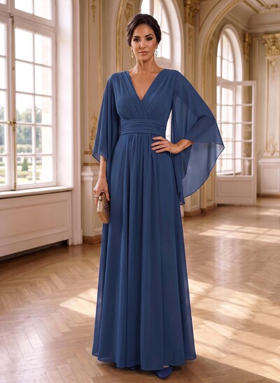 A-Line V-Neck 3/4 Sleeves Floor-Length Chiffon Mother Of The Bride Dresses