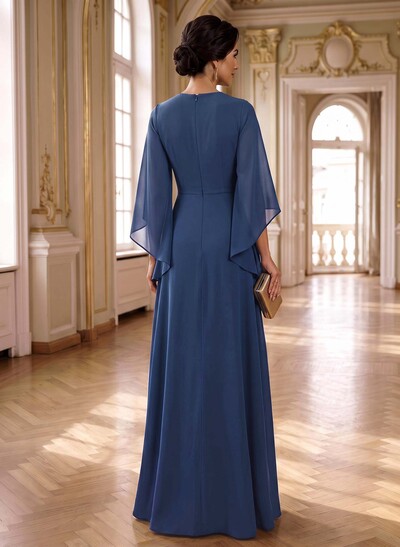 A-Line V-Neck 3/4 Sleeves Floor-Length Chiffon Mother Of The Bride Dresses