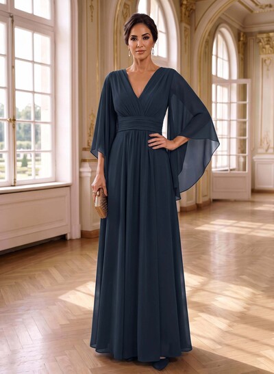 A-Line V-Neck 3/4 Sleeves Floor-Length Chiffon Mother Of The Bride Dresses