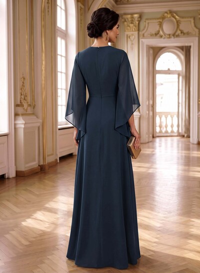 A-Line V-Neck 3/4 Sleeves Floor-Length Chiffon Mother Of The Bride Dresses