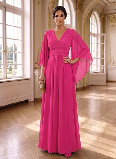 A-Line V-Neck 3/4 Sleeves Floor-Length Chiffon Mother Of The Bride Dresses