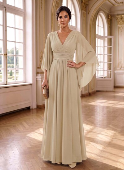 A-Line V-Neck 3/4 Sleeves Floor-Length Chiffon Mother Of The Bride Dresses