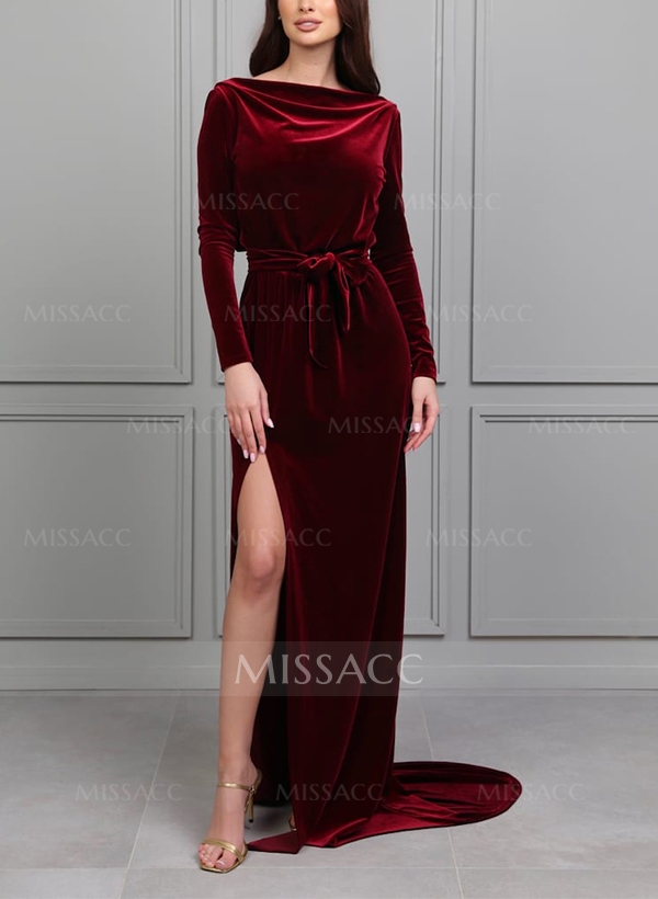 Column Scoop Neck Long Sleeves Velvet Mother Of The Bride Dresses With Split Front