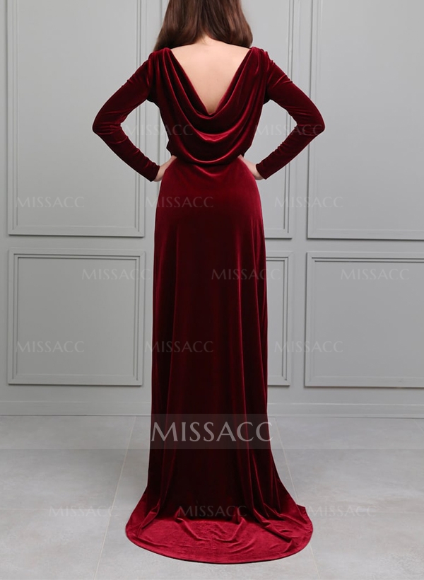 Column Scoop Neck Long Sleeves Velvet Mother Of The Bride Dresses With Split Front