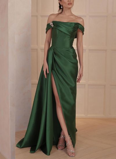 Off-The-Shoulder Sleeveless Satin Mother Of The Bride Dresses With Split Front