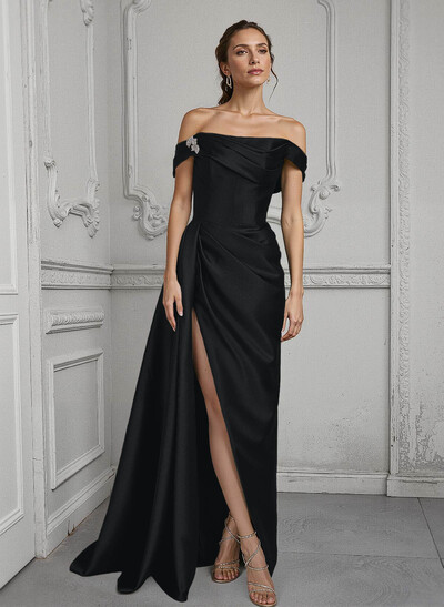 Off-The-Shoulder Sleeveless Satin Mother Of The Bride Dresses With Split Front