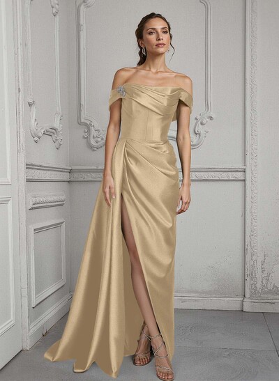 Off-The-Shoulder Sleeveless Satin Mother Of The Bride Dresses With Split Front