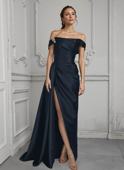 Off-The-Shoulder Sleeveless Satin Mother Of The Bride Dresses With Split Front