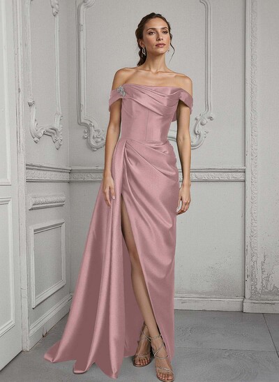 Off-The-Shoulder Sleeveless Satin Mother Of The Bride Dresses With Split Front