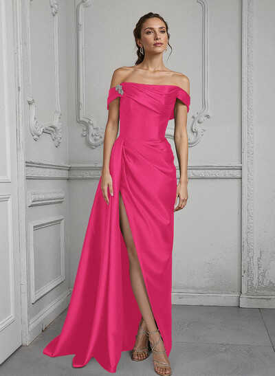 Off-The-Shoulder Sleeveless Satin Mother Of The Bride Dresses With Split Front