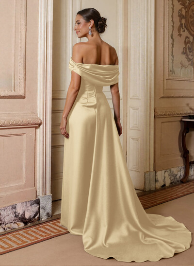 Off-The-Shoulder Sleeveless Satin Mother Of The Bride Dresses With Split Front