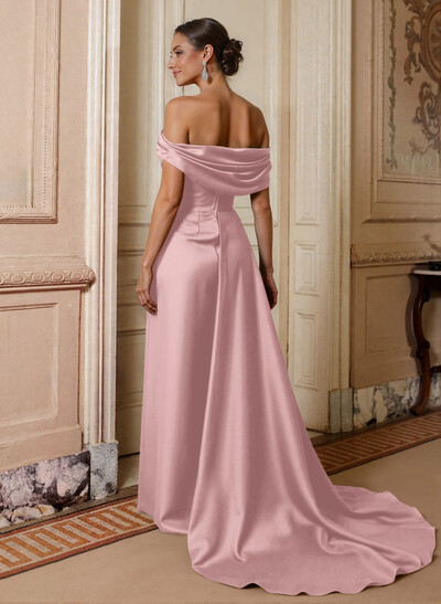 Off-The-Shoulder Sleeveless Satin Mother Of The Bride Dresses With Split Front