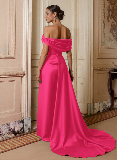 Off-The-Shoulder Sleeveless Satin Mother Of The Bride Dresses With Split Front