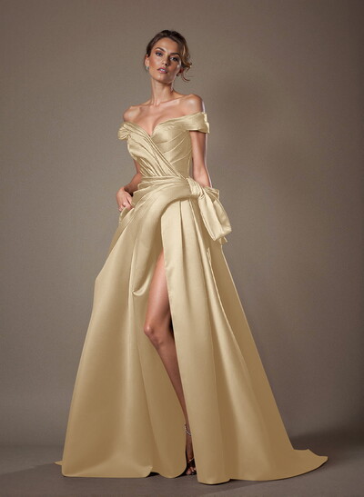 Off-The-Shoulder Sleeveless Satin Mother Of The Bride Dresses With Split Front
